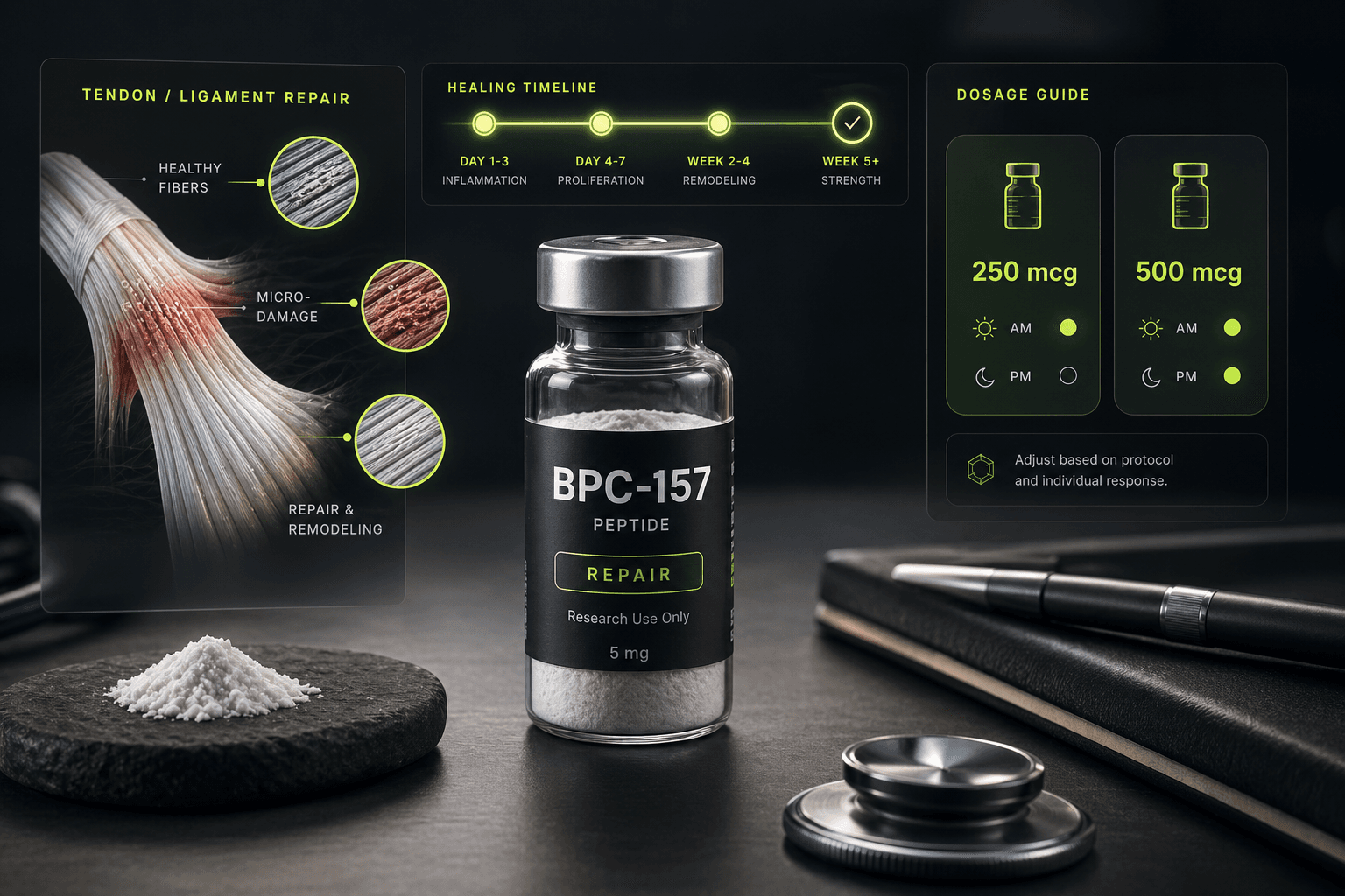 BPC-157 dosage cards with tendon repair and recovery timeline visuals