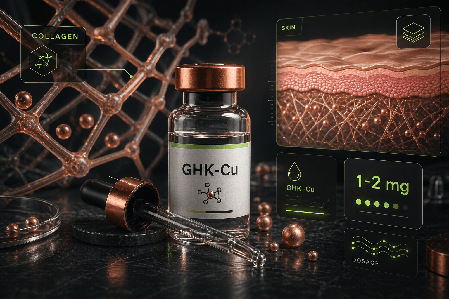 GHK-Cu vial with collagen lattice, skin barrier, and dosage note visuals