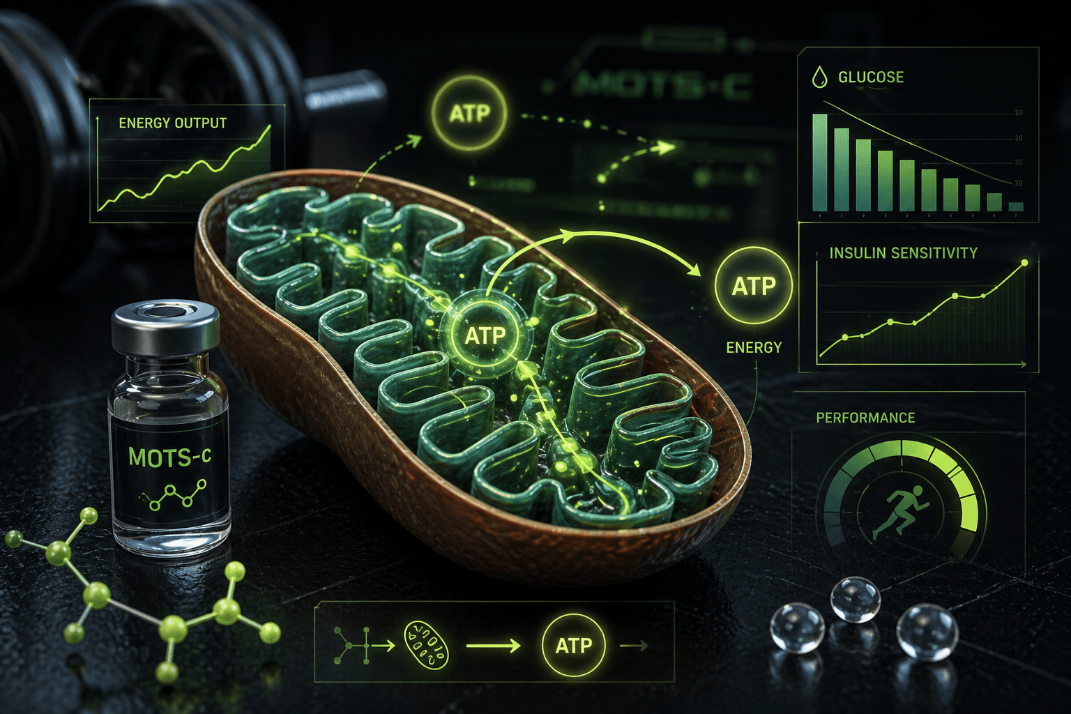 MOTS-c vial with mitochondria, ATP, glucose, and energy metabolism visuals
