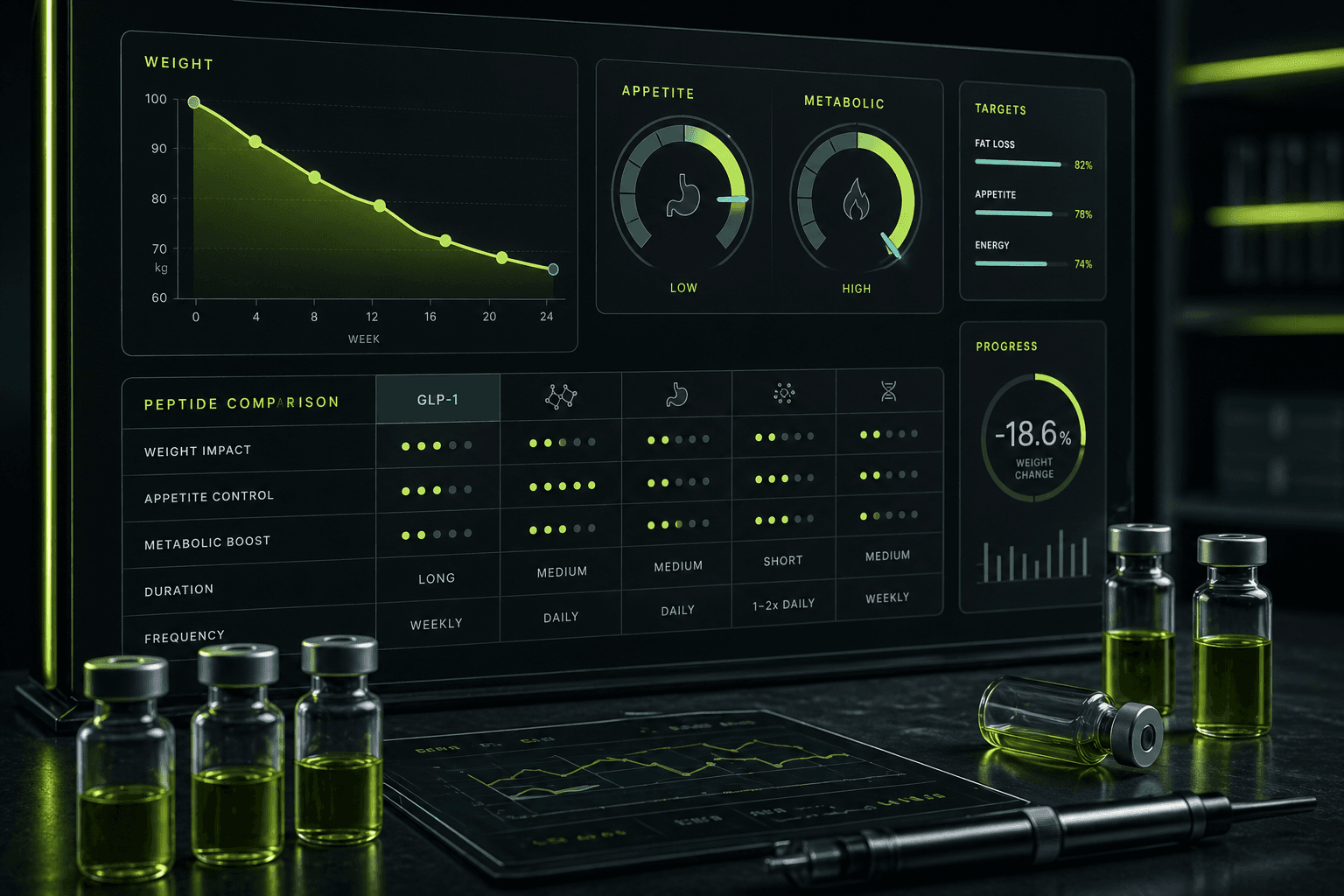 Weight loss peptide comparison dashboard with appetite and metabolic trend visuals
