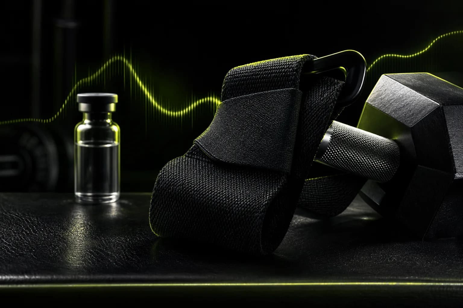 Lifting strap, dumbbell, and peptide vial in a dark performance studio