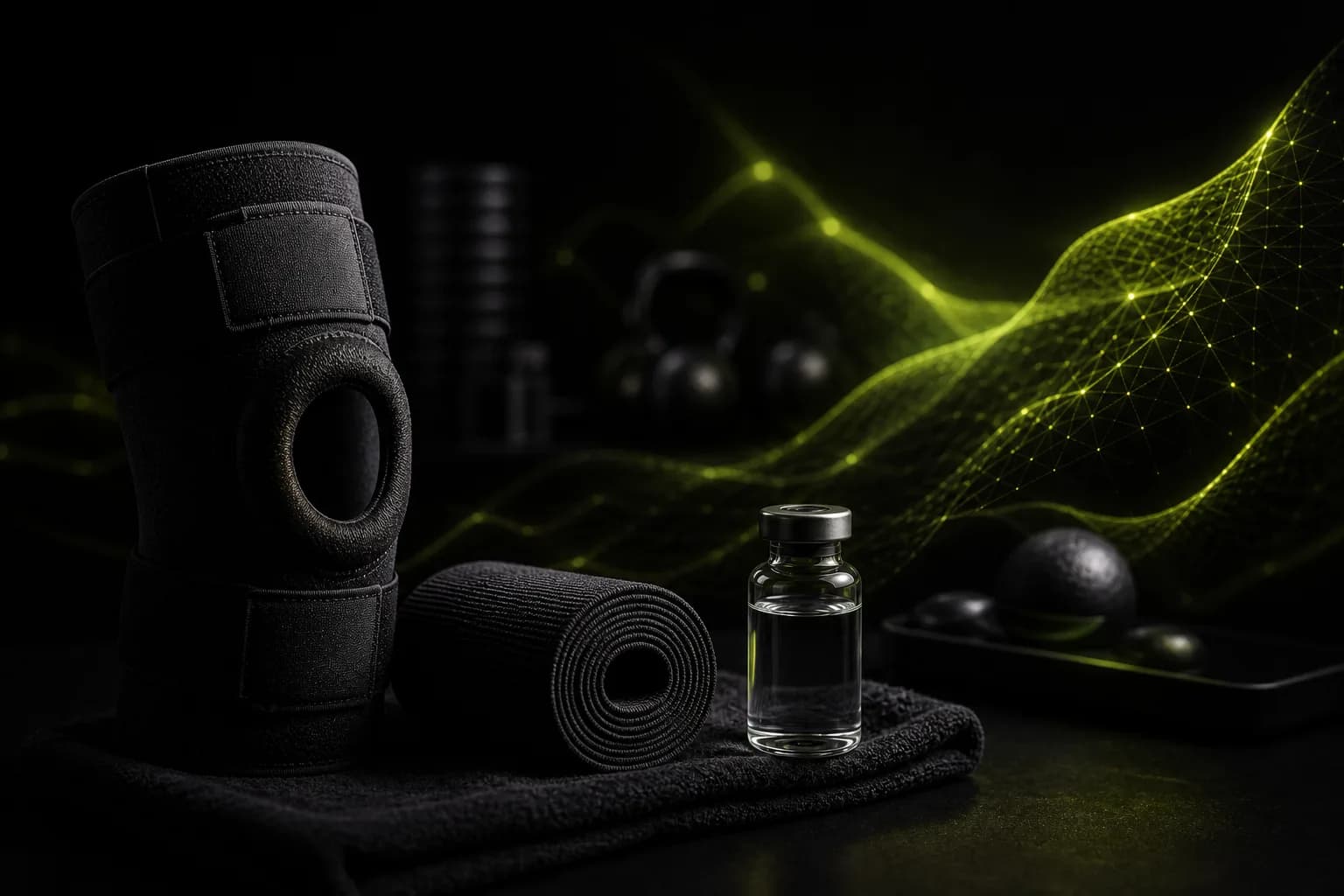 Athletic knee support, recovery wrap, peptide vial, and collagen-inspired visualization