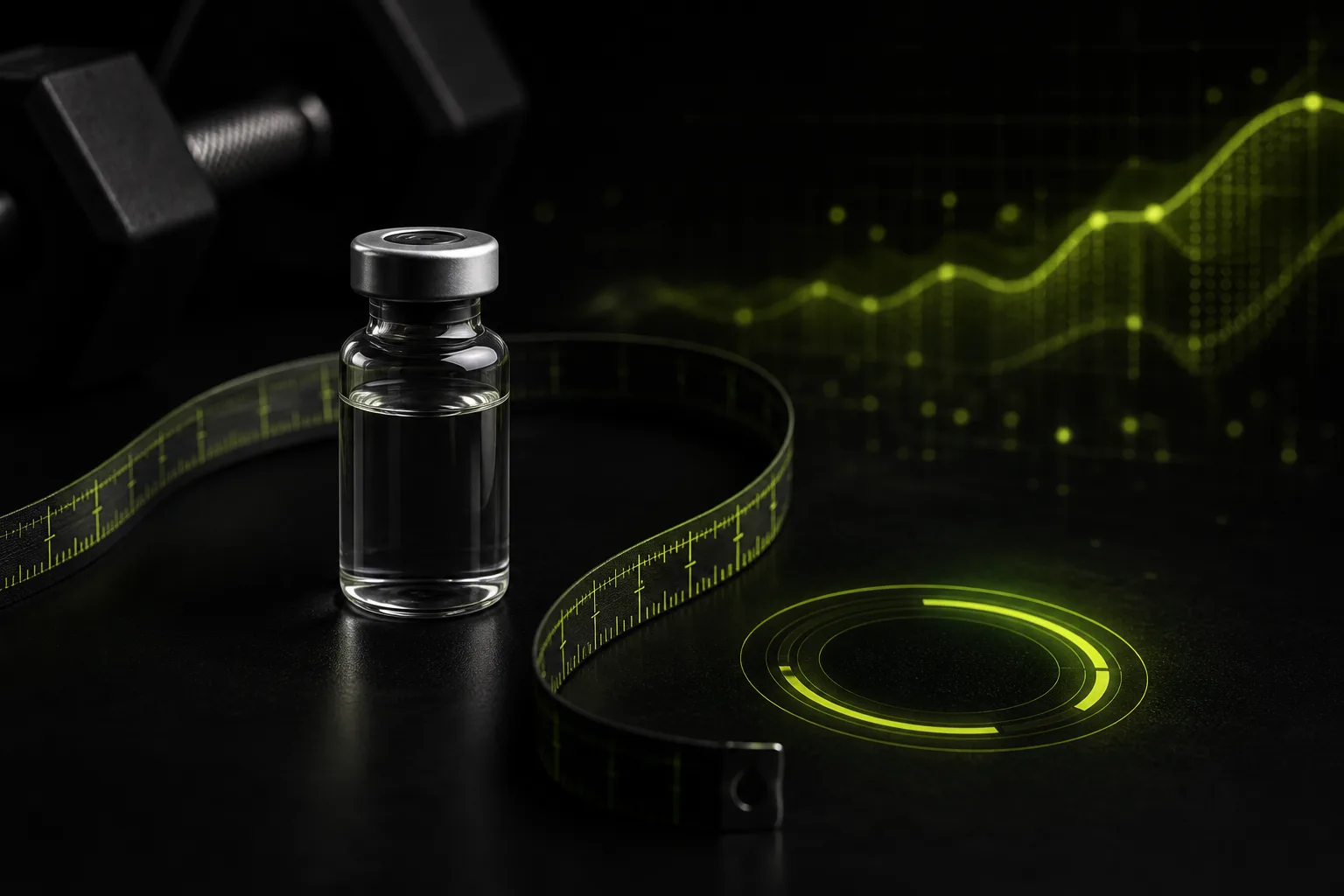 Peptide vial with measuring tape and metabolic data visualization