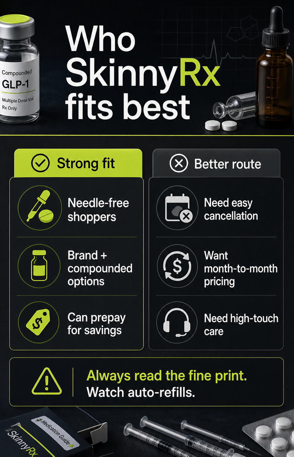 Who SkinnyRx fits best infographic comparing needle-free shoppers and brand-option shoppers against people who need easy cancellation or simple month-to-month pricing