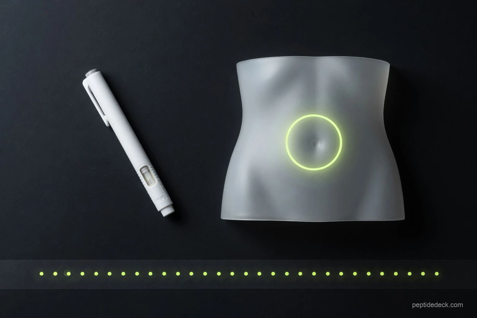 Flat-lay illustration of an injection pen beside an abdominal torso model with a lime ring marking the periumbilical injection zone and a 30-dot calendar strip