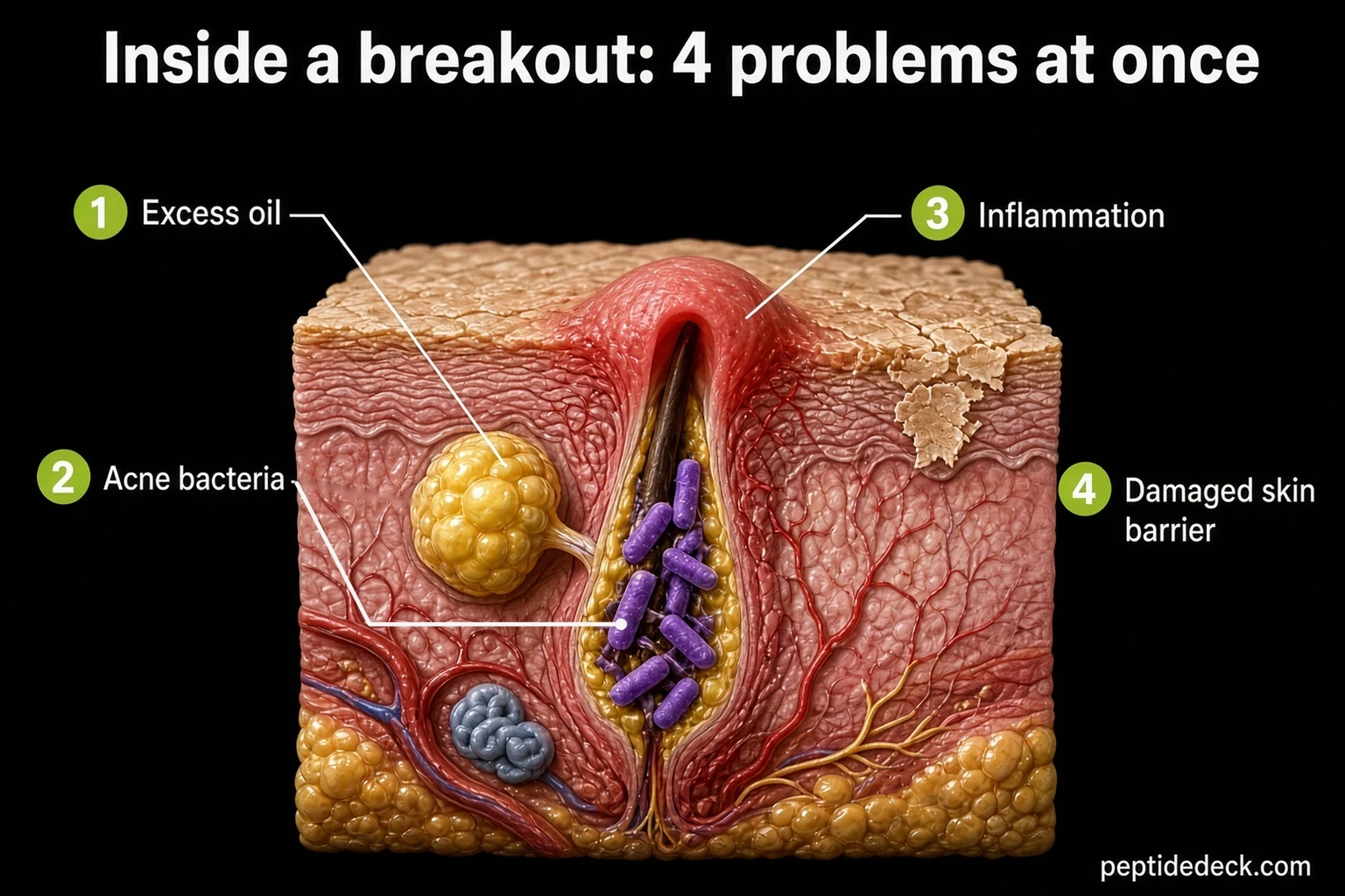 Cross-section illustration of a skin pore forming a pimple with four labelled problems: excess oil from the oil gland, acne bacteria in the plug, inflammation around the pimple, damaged skin barrier at the surface