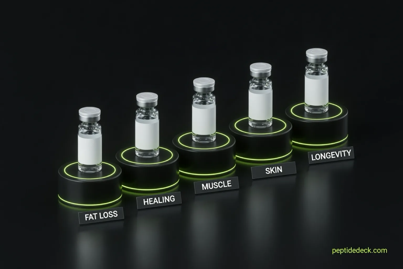 Five glass peptide vials on lime-lit pedestals labeled fat loss, healing, muscle, skin and longevity