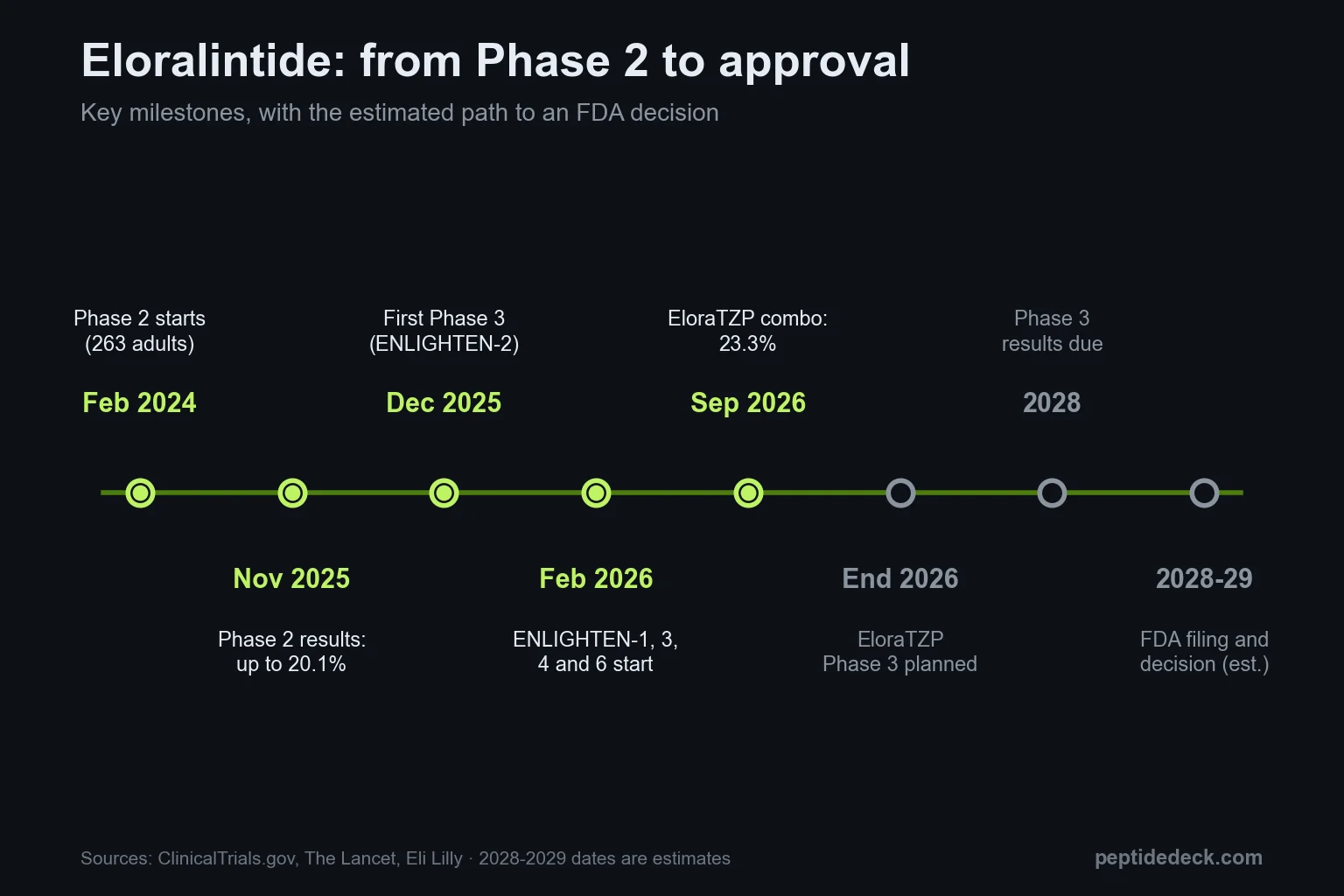 Eloralintide timeline from Phase 2 in 2024 to Phase 3 results in 2028 and an estimated FDA decision in 2028-2029