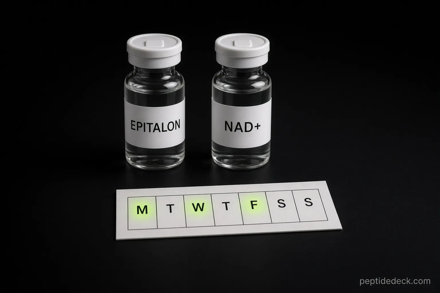 Epitalon vs NAD+ vials next to a weekly planner with Monday, Wednesday and Friday highlighted