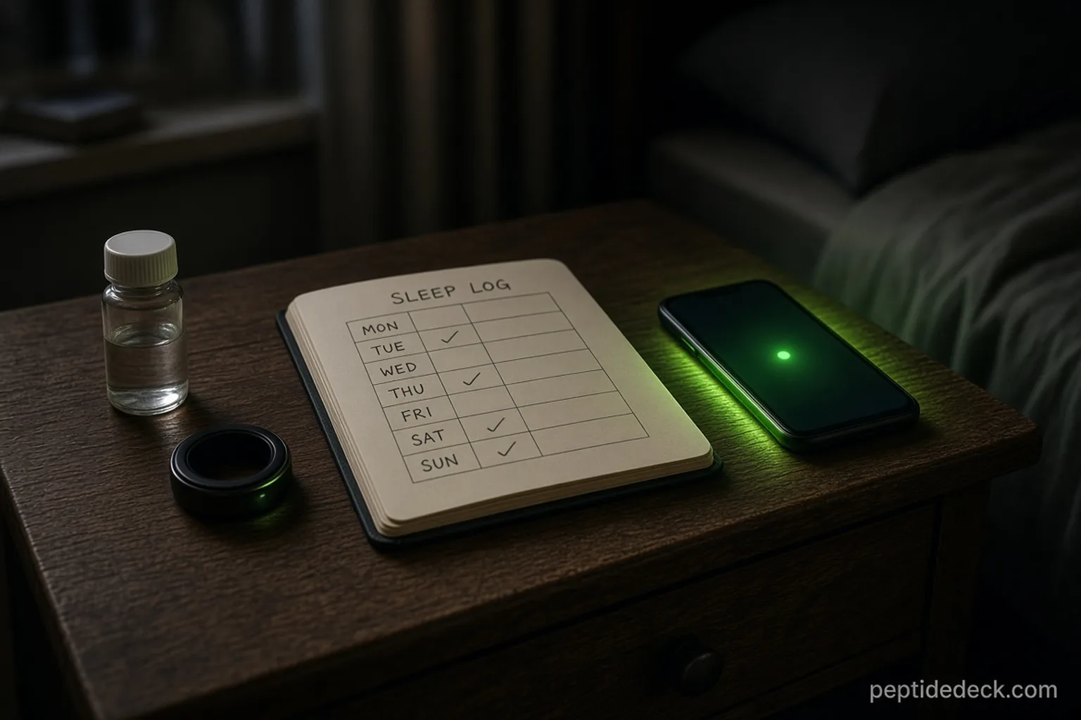 Epithalon results sleep log on a bedside table next to a vial and a sleep tracking ring