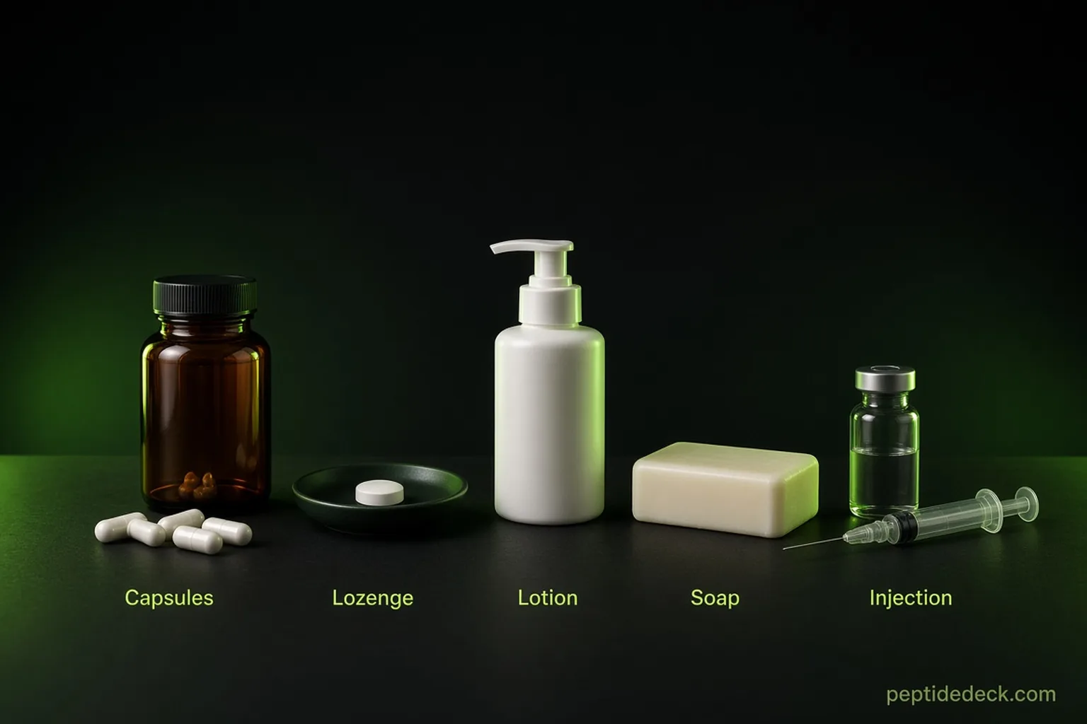 Still life of glutathione forms on a dark surface: a capsule bottle, a lozenge, a pump bottle of lotion, a bar of soap and a vial with a syringe, each with a short label