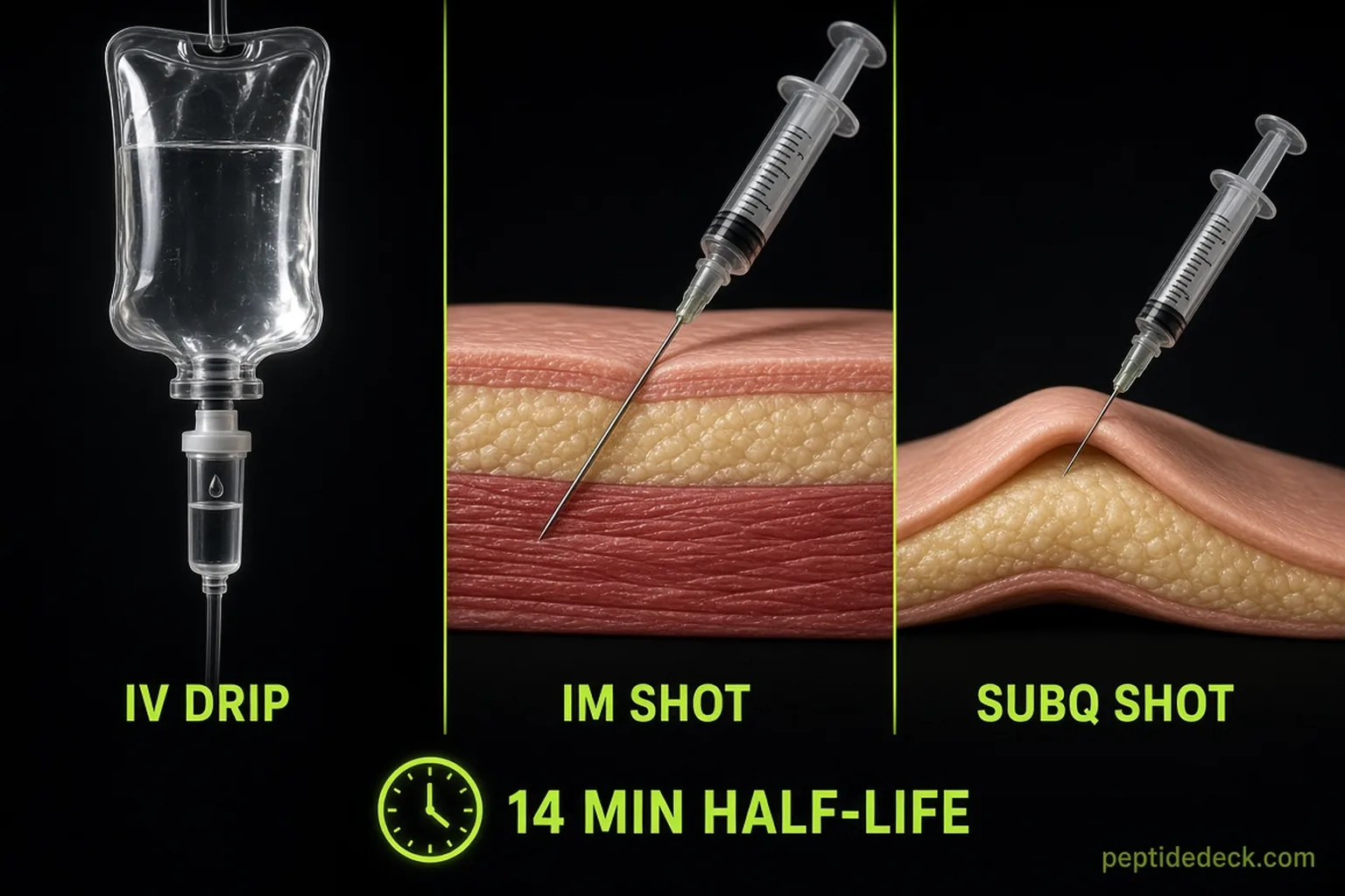 Three delivery routes for injectable glutathione side by side: an IV drip bag, an intramuscular syringe into a shoulder muscle cross-section and a subcutaneous insulin syringe into a skin fold, with a 14 min half-life label