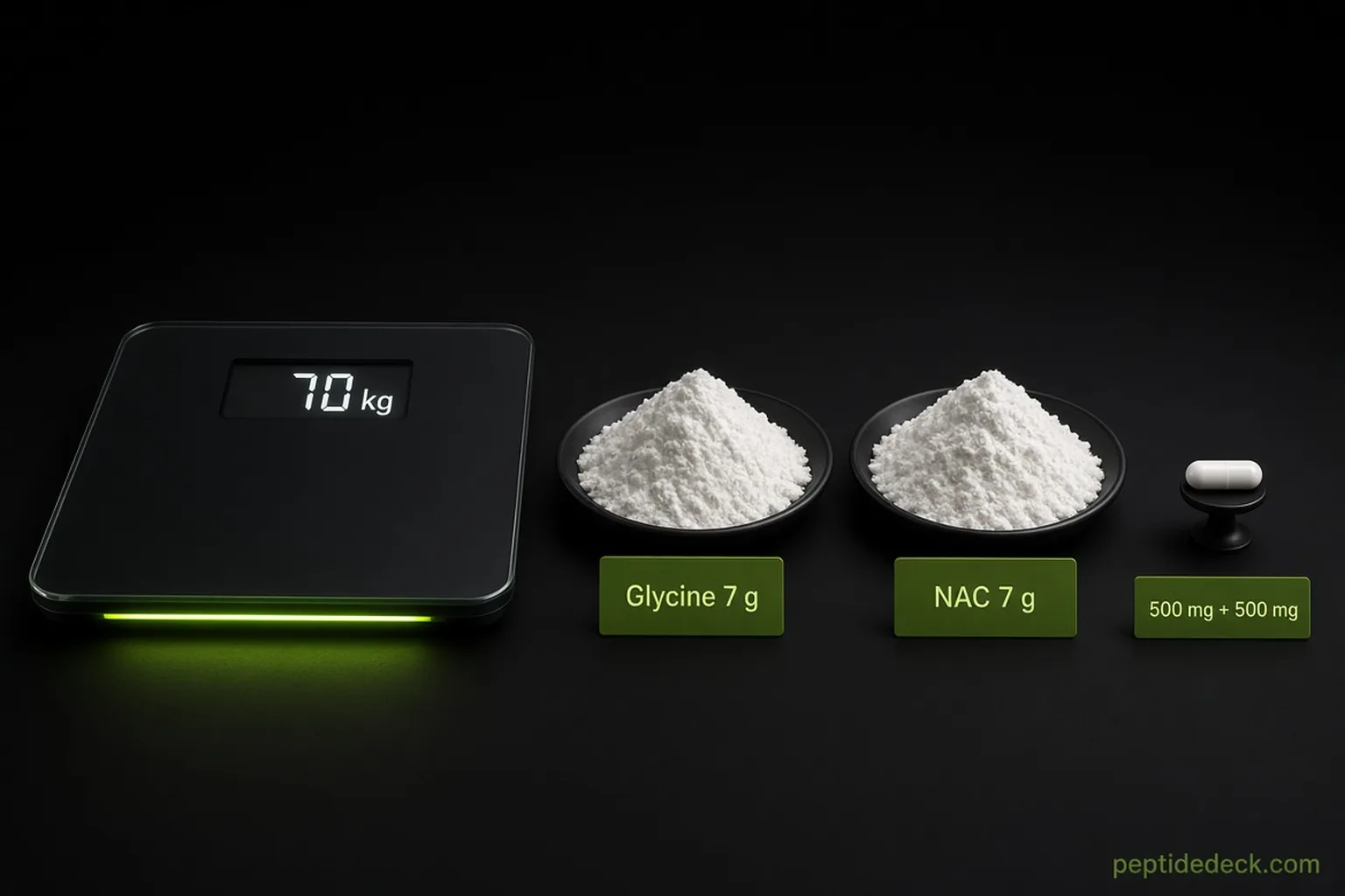 Two large piles of white powder labeled Glycine 7 g and NAC 7 g beside a scale reading 70 kg, next to a single small capsule labeled 500 mg + 500 mg