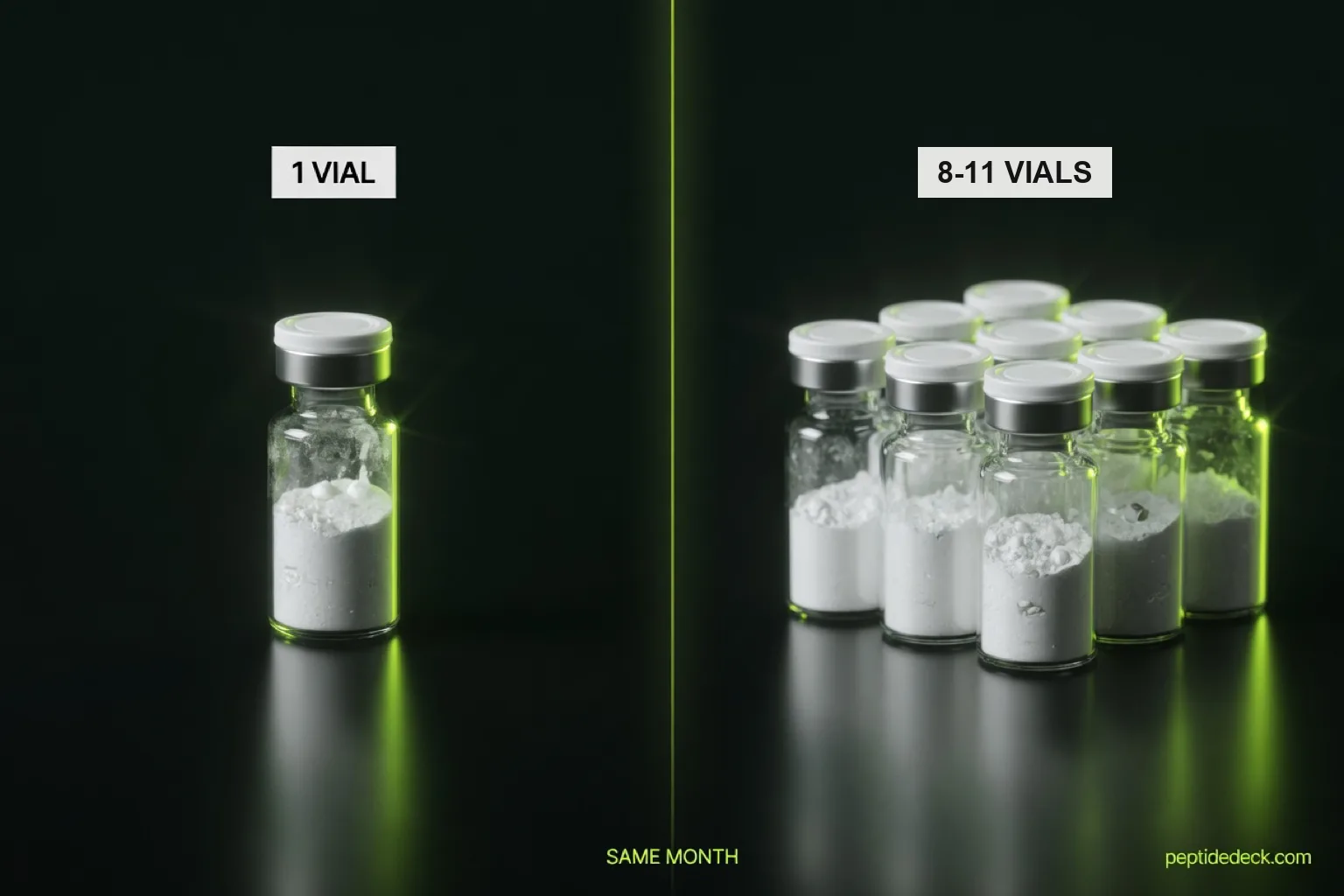 One peptide vial standing alone next to a cluster of identical vials, labeled 1 vial and 8-11 vials, same month