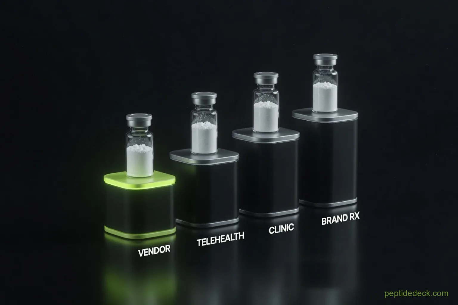 Four dark pedestals rising left to right labeled vendor, telehealth, clinic and brand Rx, each topped with a peptide vial