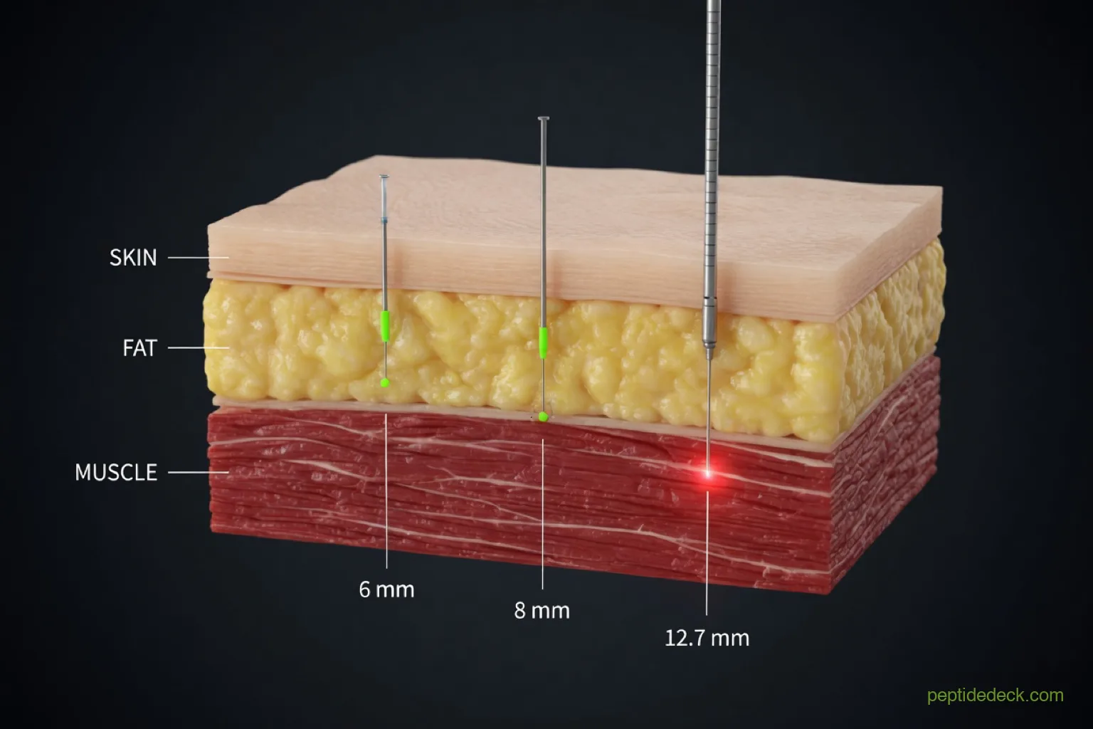 Cross-section of skin, fat and muscle with 6 mm and 8 mm needles ending in fat and a 12.7 mm needle reaching muscle