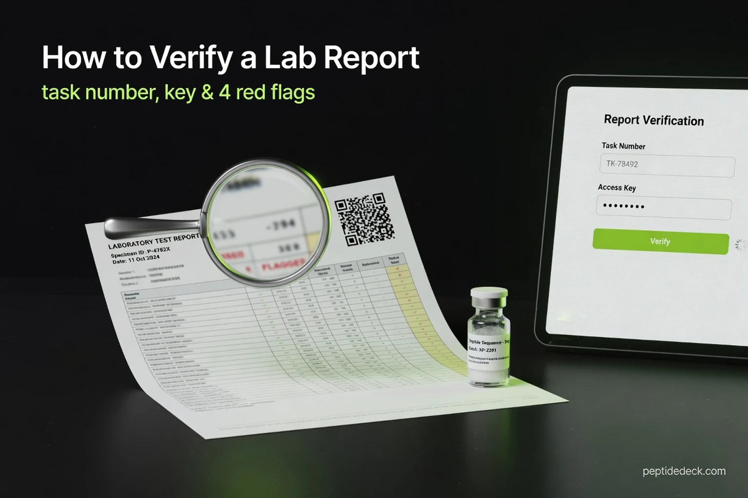 A peptide lab test report with a QR code under a magnifying glass next to a vial, and a tablet showing a report verification form with Task Number and key fields
