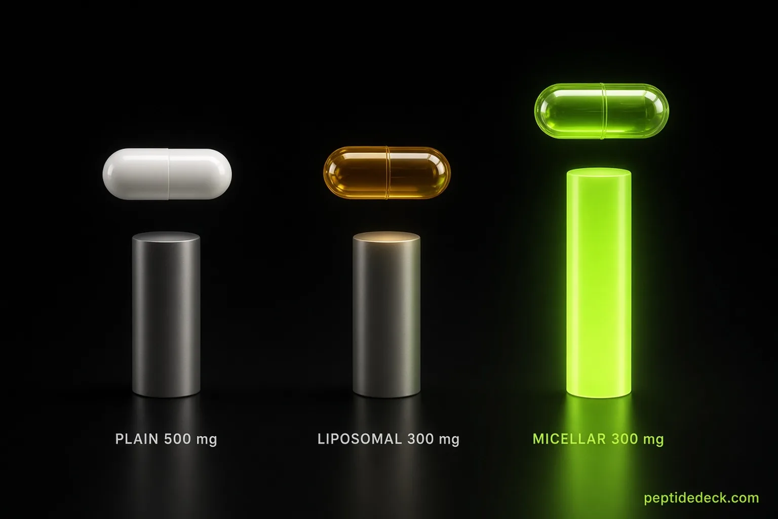 Three glowing capsules labelled Plain 500 mg, Liposomal 300 mg and Micellar 300 mg, each above a bar, with the micellar bar standing more than twice as tall as the other two