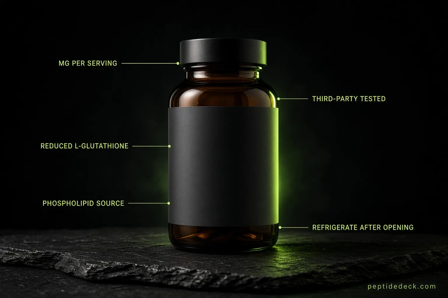 Amber supplement bottle on a dark surface with five lime callout lines pointing to label areas reading mg per serving, reduced L-glutathione, phospholipid source, third-party tested and refrigerate after opening