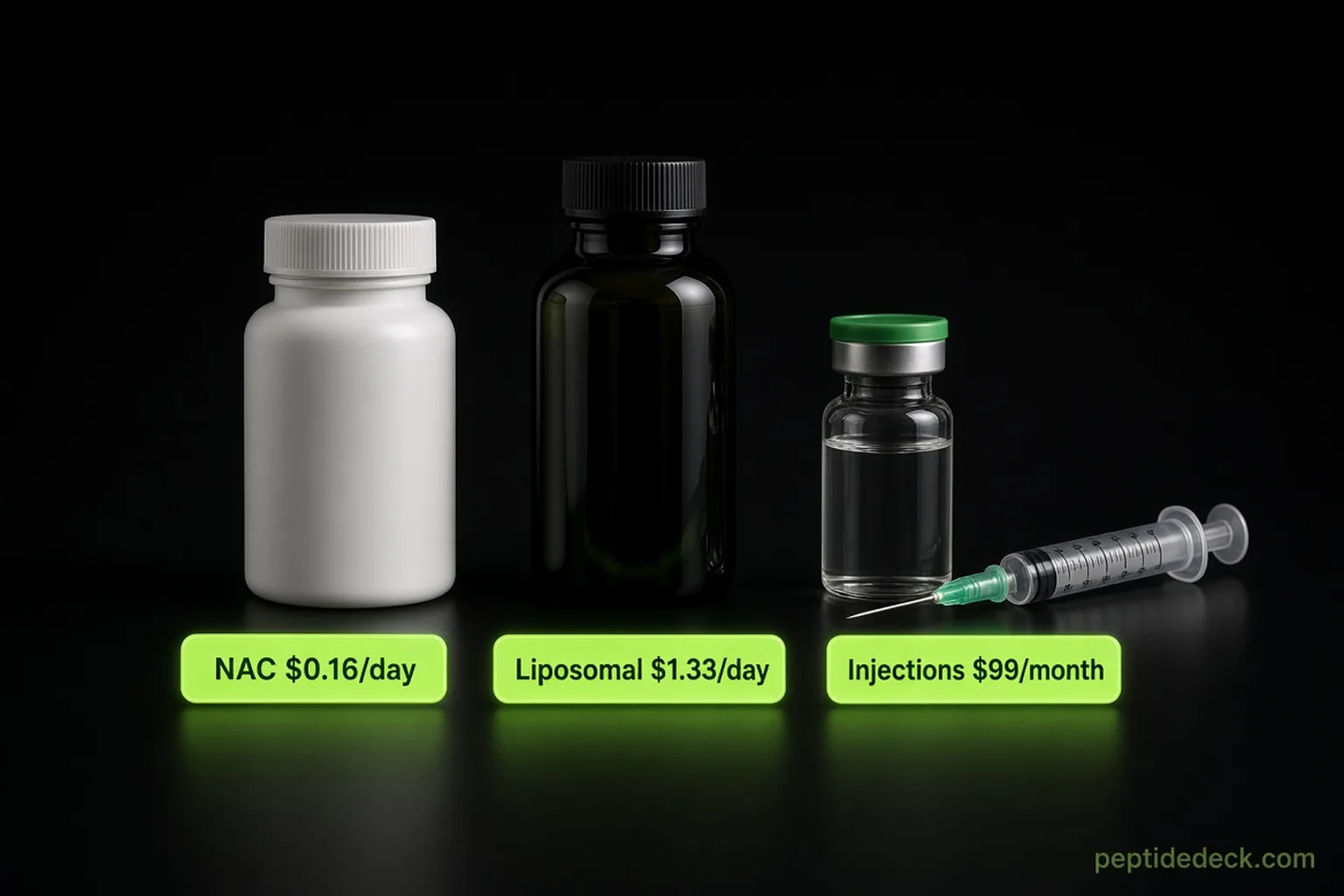 Three product still lifes on a dark surface comparing daily cost: an NAC capsule bottle at $0.16 a day, a liposomal glutathione bottle at $1.33 a day, and a glutathione injection vial at $99 a month