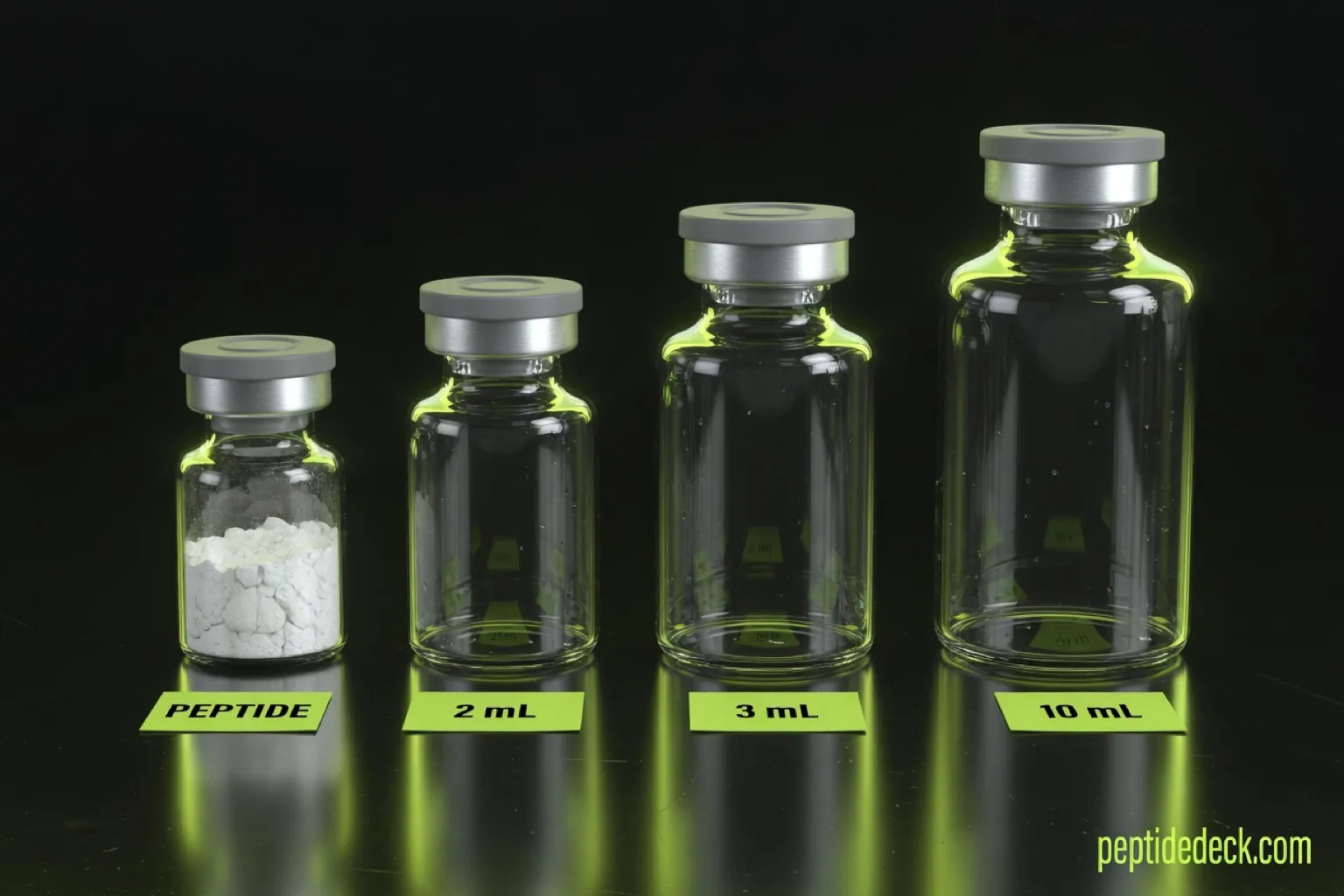 A peptide vial with freeze-dried powder next to empty sterile glass vials labelled 2 mL, 3 mL and 10 mL