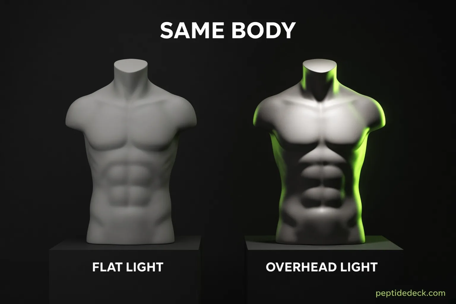 Two identical faceless torso sculptures side by side, the left under flat front light looking soft, the right under harsh overhead light looking sharply defined