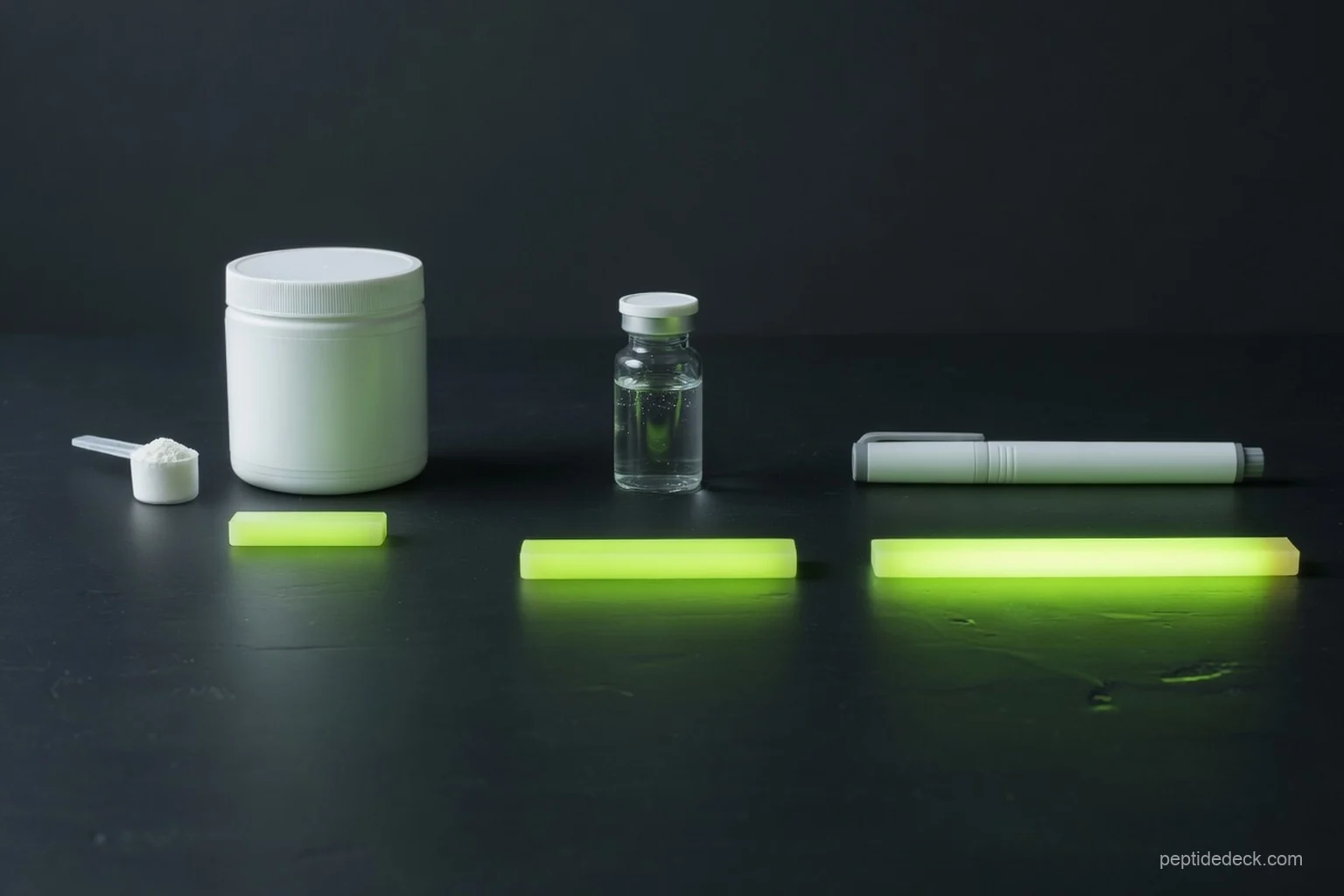 Photoreal image of a collagen powder tub, a peptide vial and a daily injection pen in a row on a dark surface with lime bars of increasing length beneath them, representing increasing bone evidence