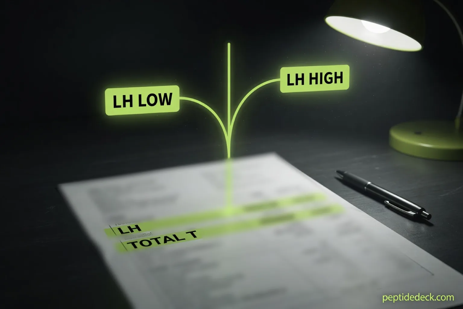 Blood test report on a dark desk with the LH and total testosterone rows highlighted, splitting into two paths labelled LH low and LH high