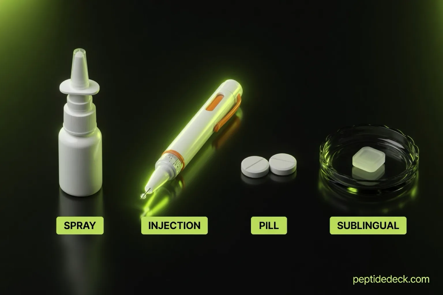 Four PT-141 delivery forms side by side: nasal spray bottle, autoinjector pen, two pills and a sublingual troche