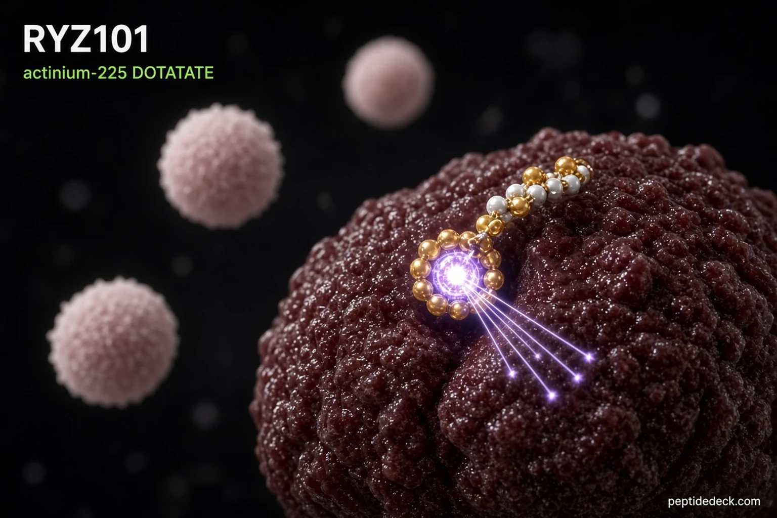 3D illustration of a radioactive peptide with a glowing actinium atom in a gold cage docking onto a dark red tumor cell, with short violet alpha particle tracks stopping inside the cell while nearby healthy cells stay untouched