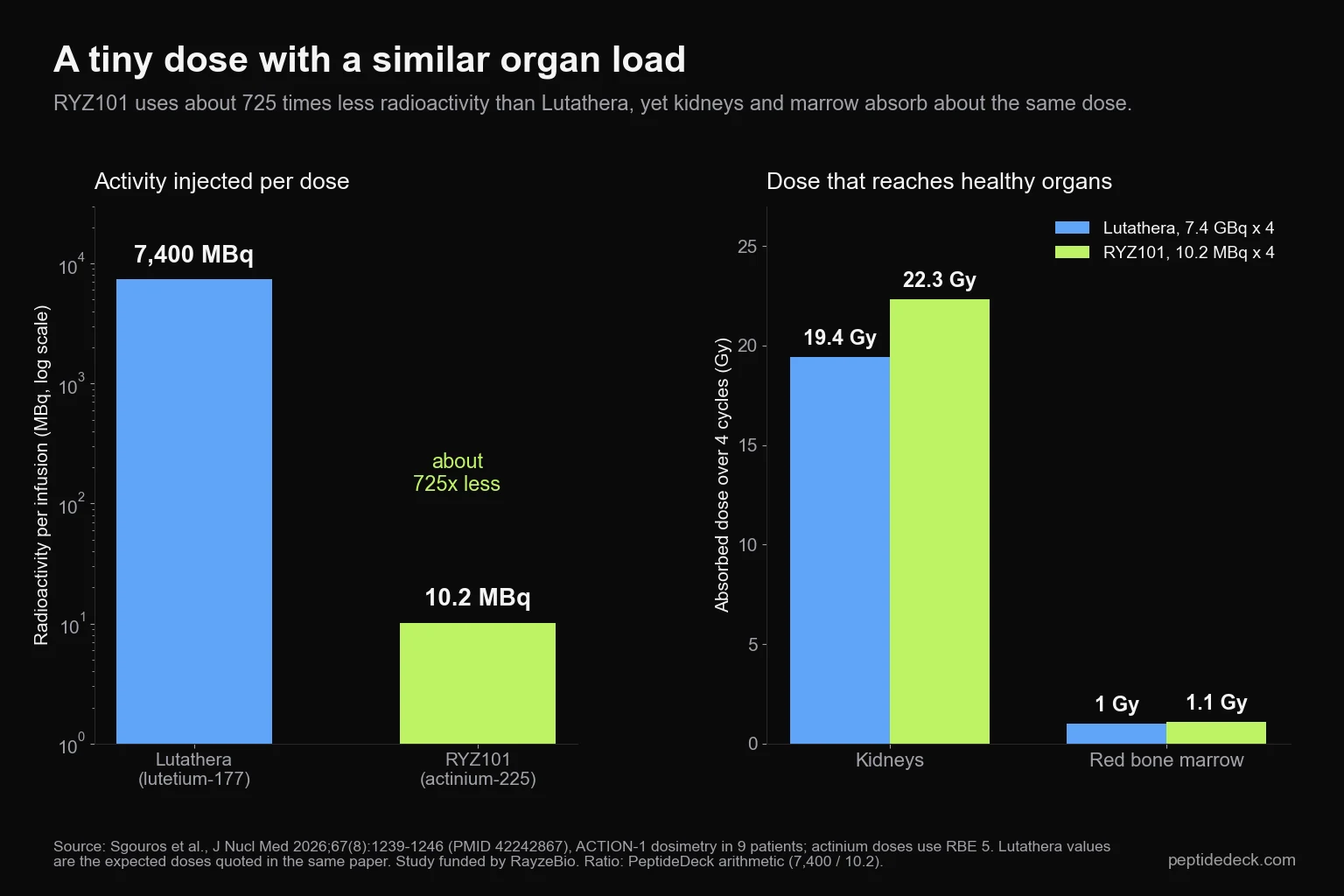 Two-panel chart: Lutathera uses 7,400 MBq per infusion versus 10.2 MBq for RYZ101, about 725 times less, yet kidney doses over four cycles are 19.4 Gy versus 22.3 Gy and bone marrow doses 1.0 Gy versus 1.1 Gy