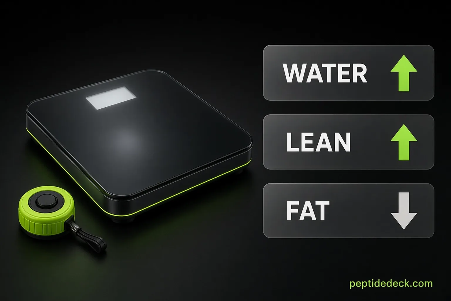 Bathroom scale beside a tape measure and a body-composition split showing water and lean tissue up while fat goes down