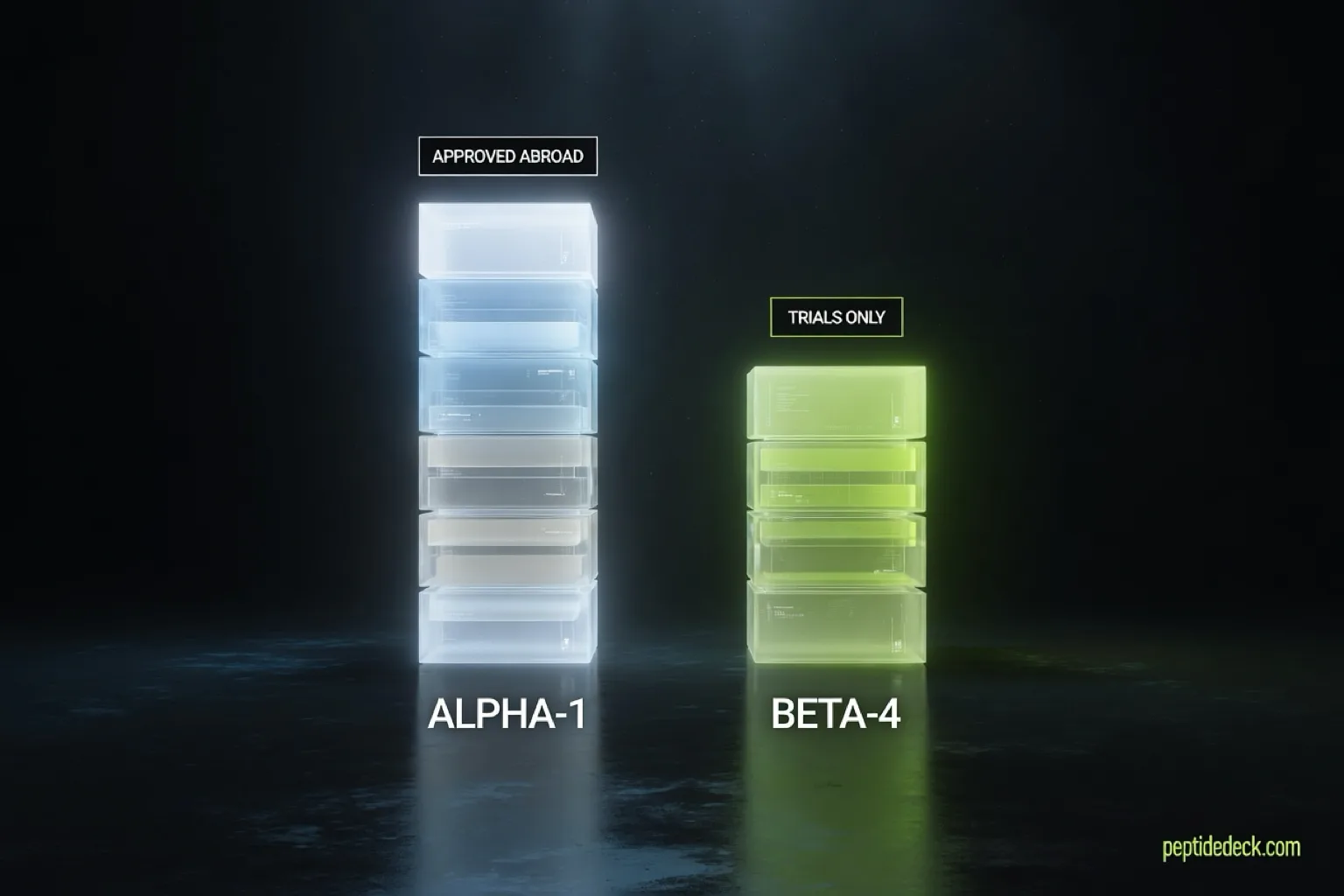 Two glowing stacked columns, a taller one labelled Alpha-1 and Approved Abroad and a shorter one labelled Beta-4 and Trials Only