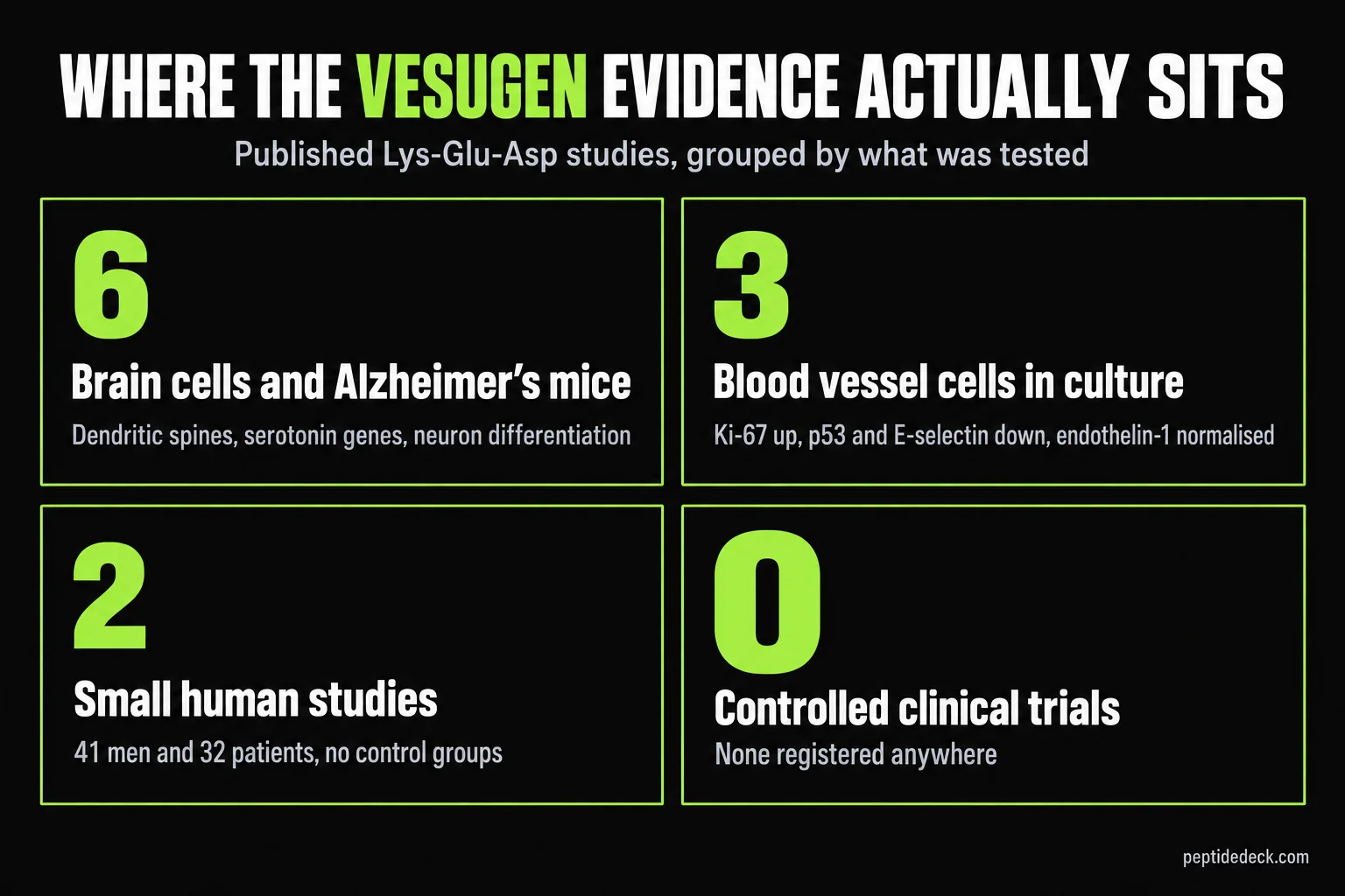 Four cards grouping the published Vesugen studies: six on brain cells and Alzheimer's mouse models, three on blood vessel cells in culture, two small uncontrolled human studies, and zero controlled clinical trials