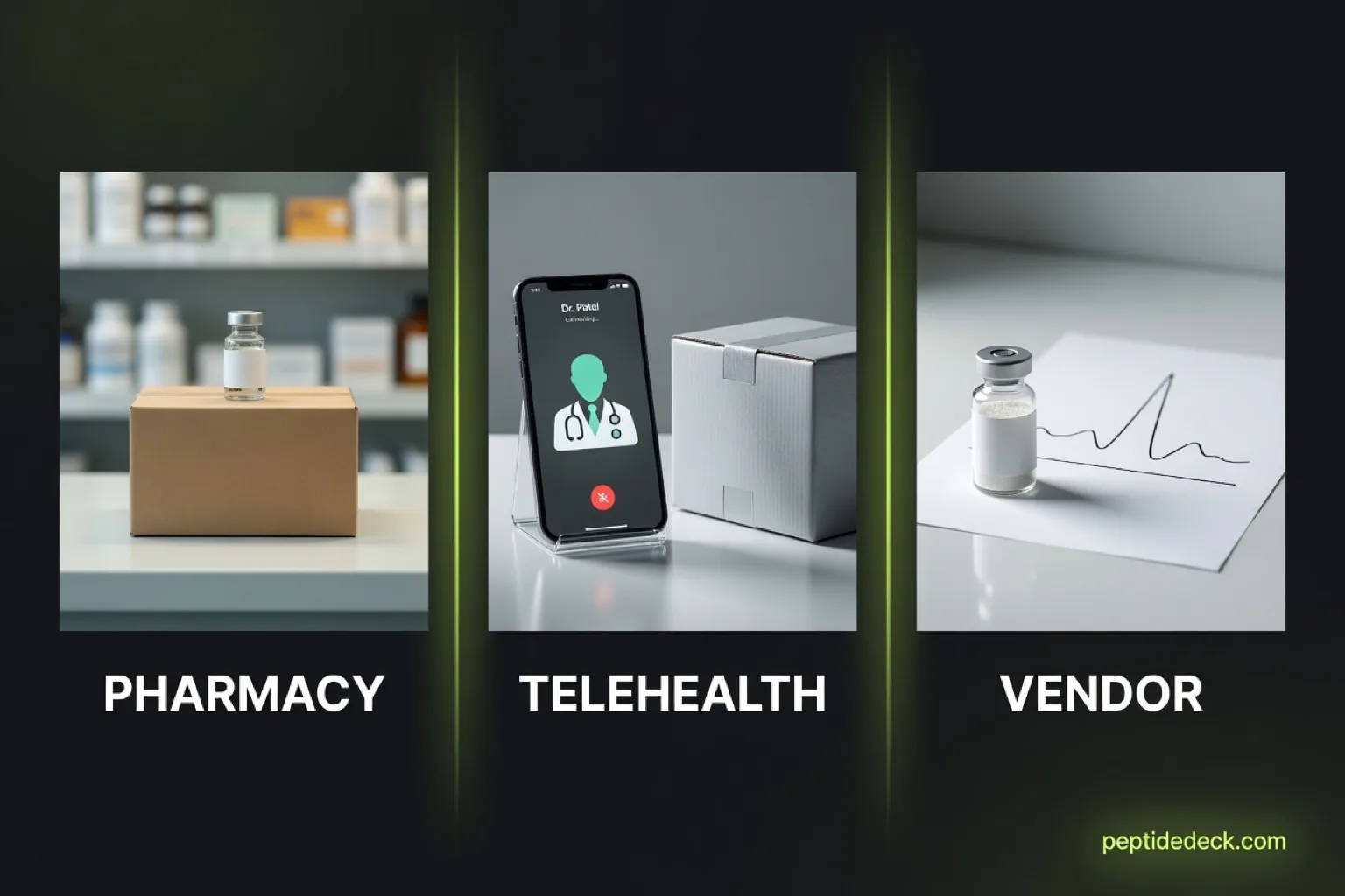 Three panels labeled pharmacy, telehealth and vendor showing a boxed vial at a pharmacy counter, a phone video call with a shipping box, and a powder vial beside a lab graph
