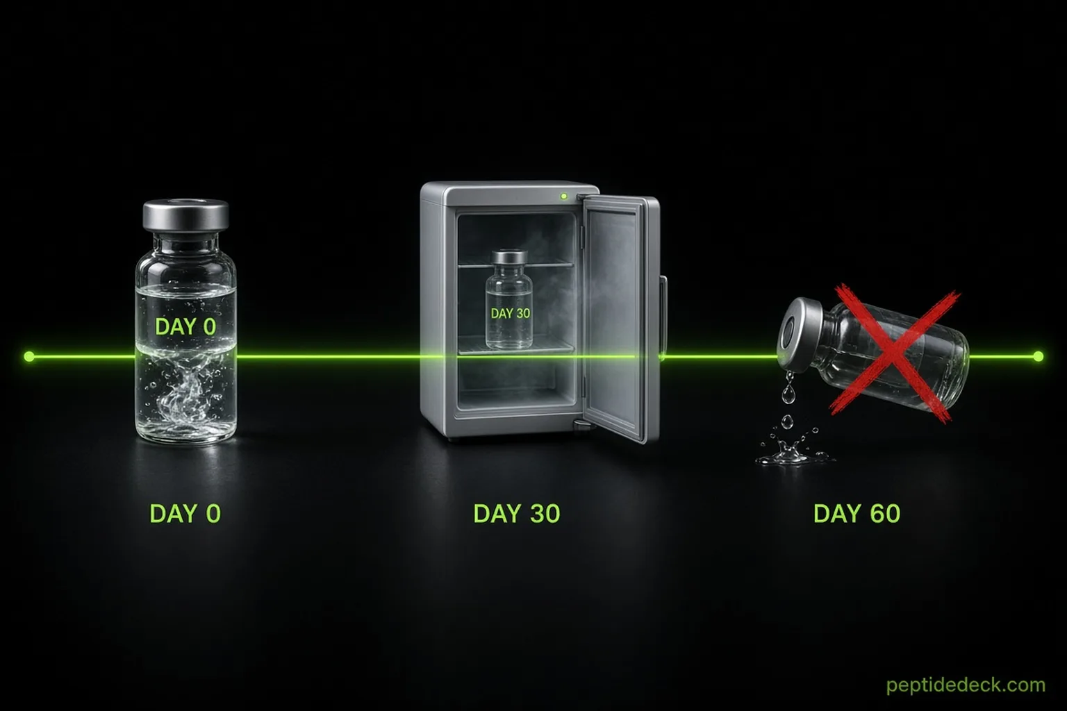 Timeline of a mixed HCG vial from day 0 to day 30 in the fridge to day 60 when it is discarded with liquid left over
