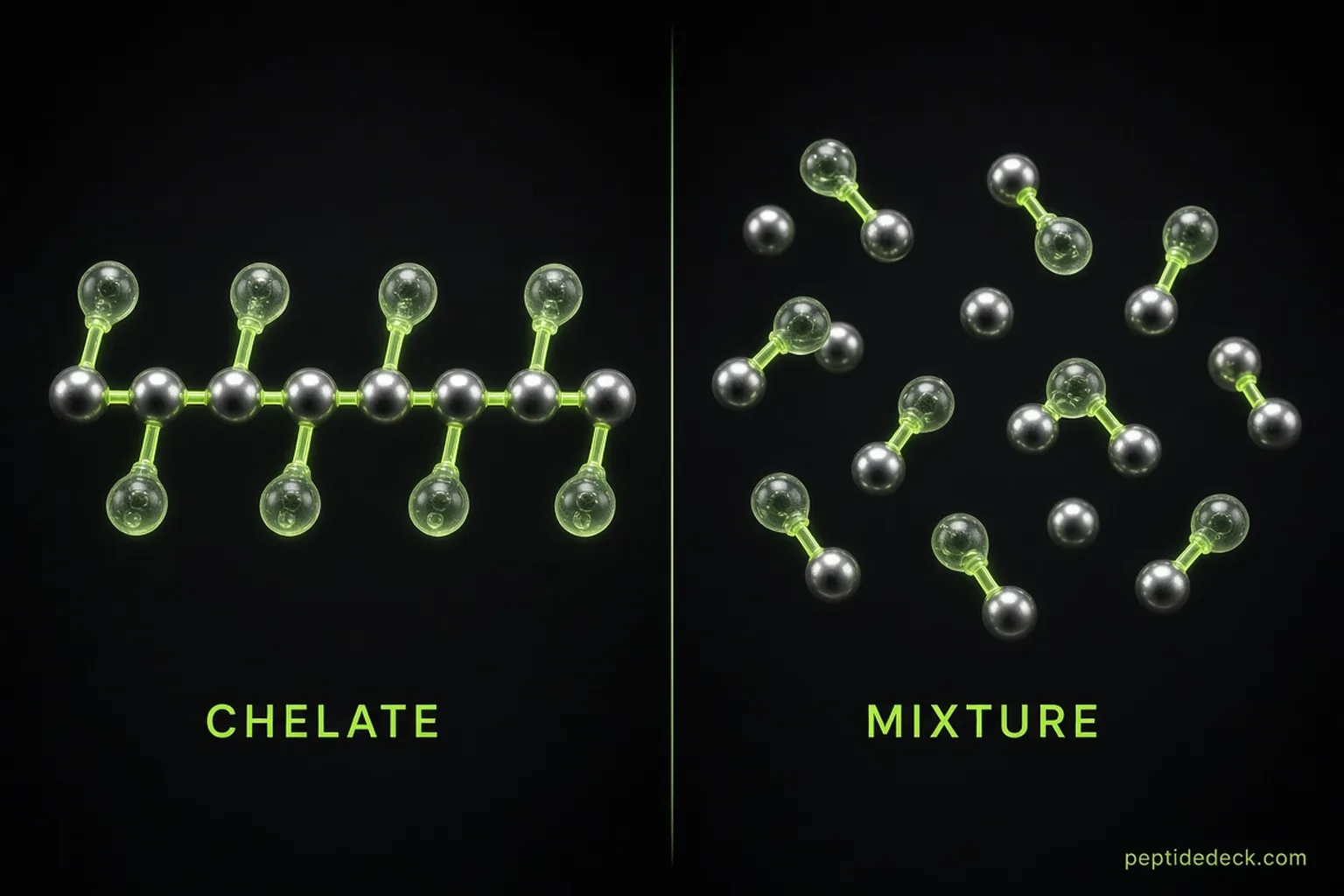 Side-by-side 3D render: on the left a single chain of zinc ions bonded to carnosine molecules labelled CHELATE, on the right loose zinc spheres and separate carnosine molecules labelled MIXTURE