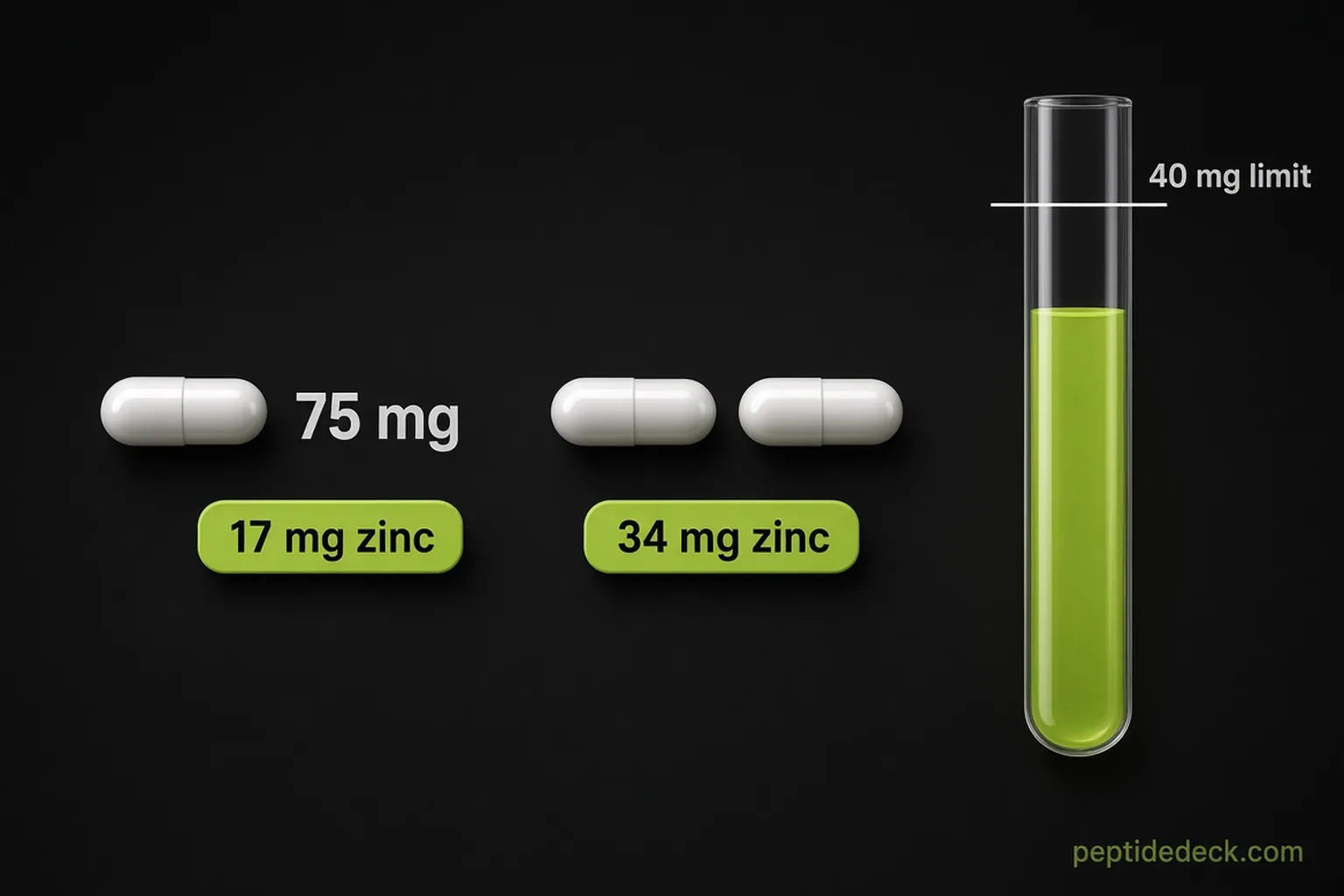 Dark infographic: one 75 mg capsule labelled 17 mg zinc, two capsules adding up to 34 mg zinc, and a lime bar approaching a line marked 40 mg limit